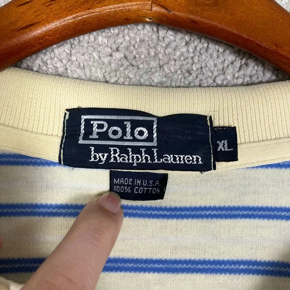 Vintage 80s Polo Ralph Lauren Polo Shirt Mens XL Yellow Blue Striped Made in USA